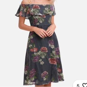 NWT Lulus Clarita Grey Burnout Velvet Floral Print Off-Shoulder Dress Sz Small